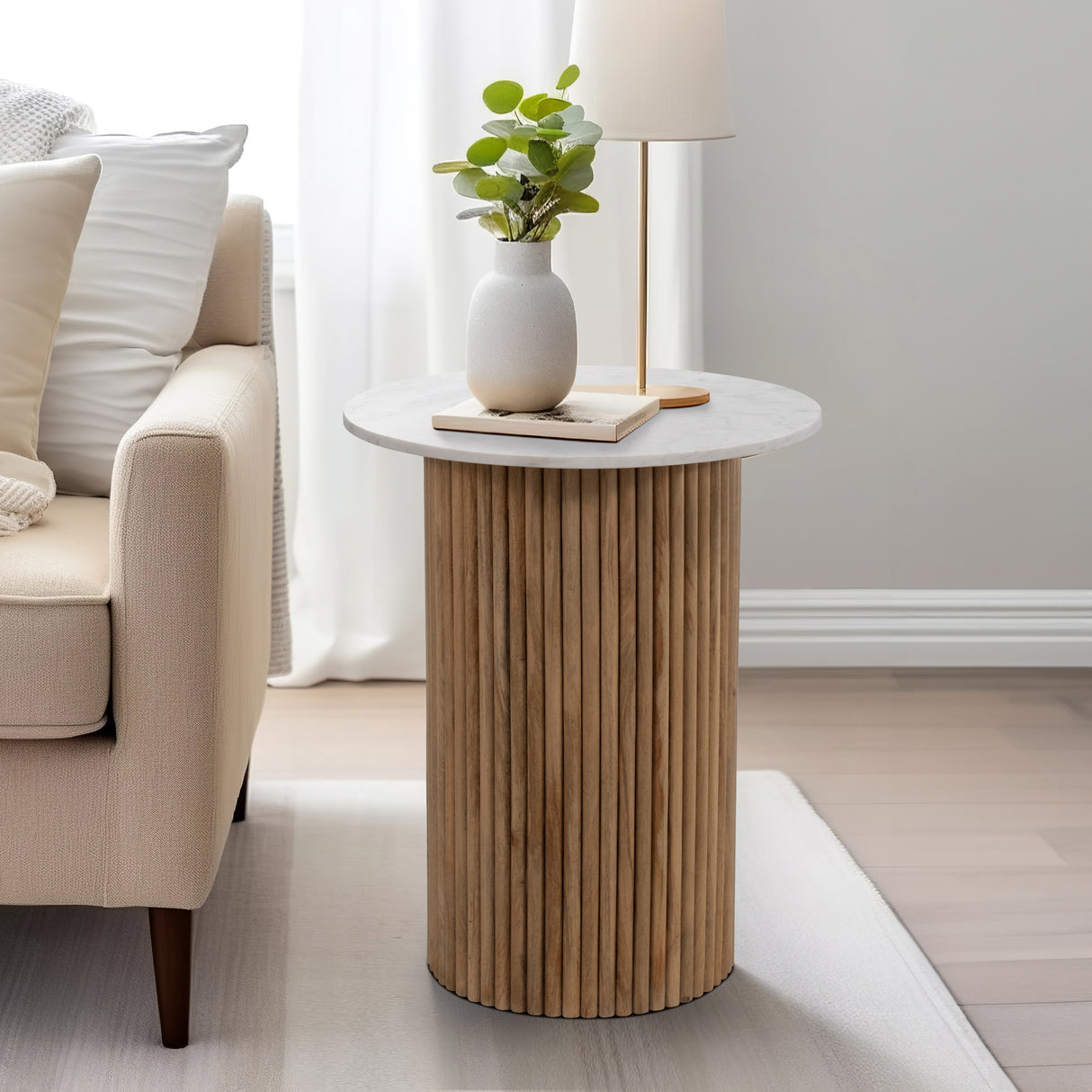 Sagebrook Home Round Wood Marble Reeded Accent Table or Coffee Table