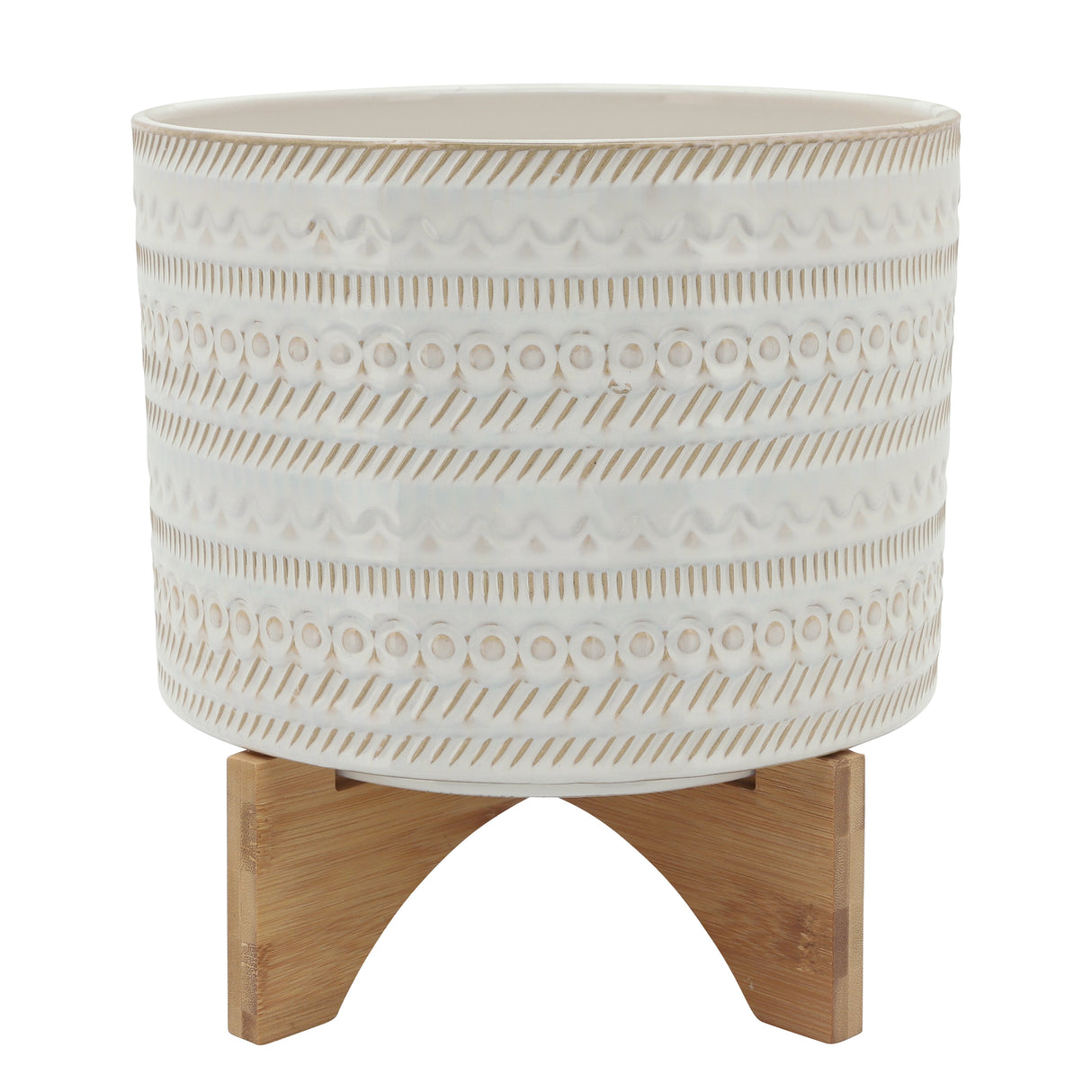 Sagebrook Home Tribal Ceramic Planter Pot with Natural Wood Stand