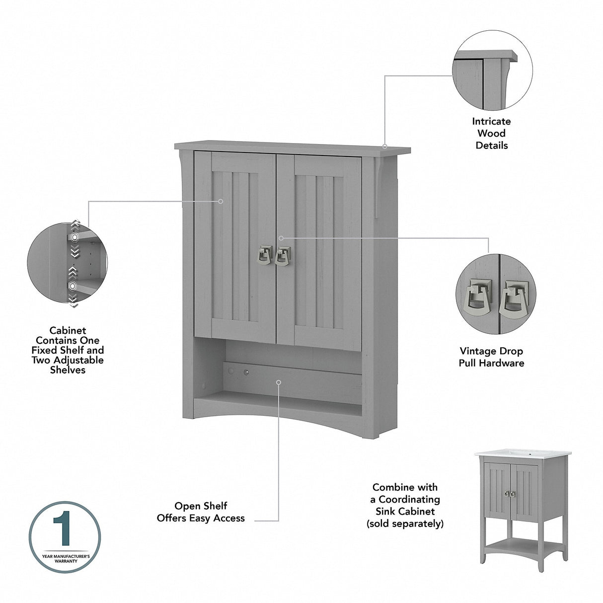 Salinas Bathroom Wall Cabinet with Doors by Bush Furniture