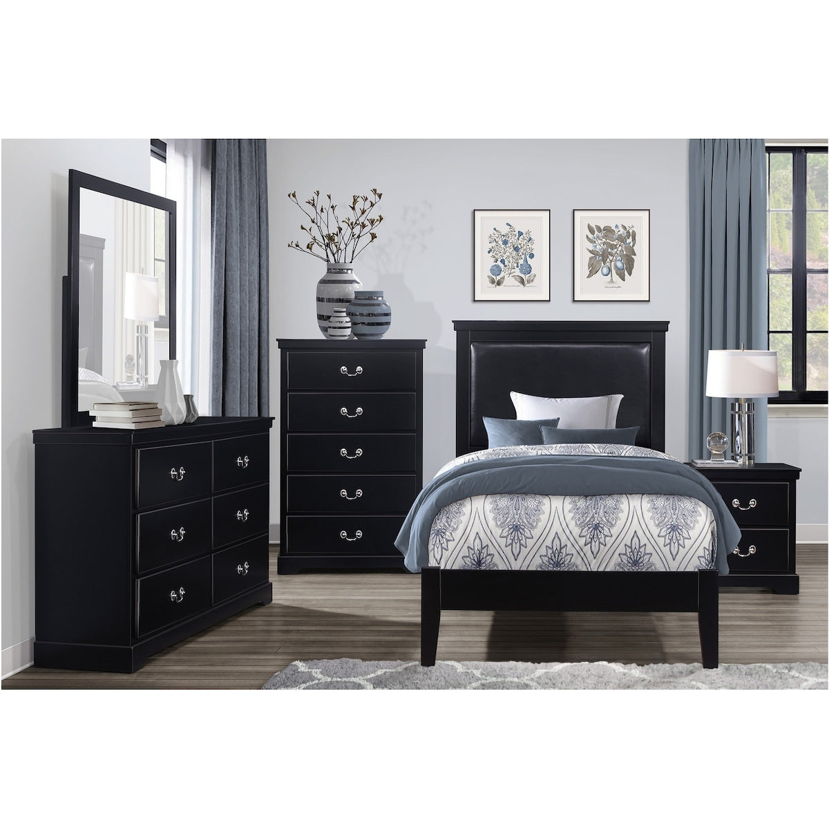 Sallyanne 5 Piece Black Modern Faux Leather Upholstered Platform Bedroom Set