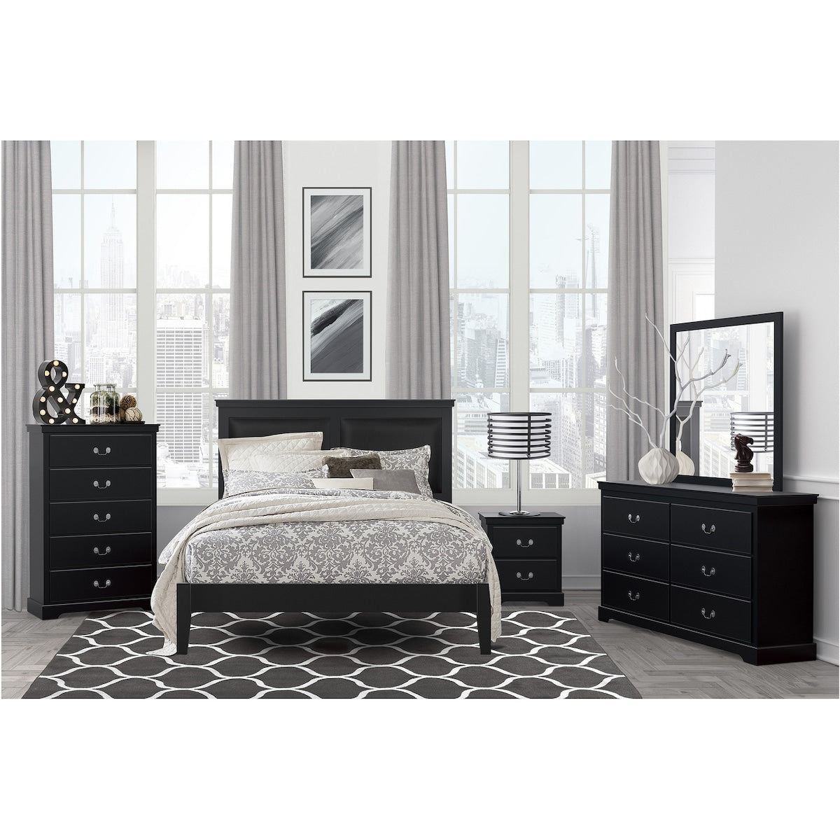 Sallyanne 5 Piece Black Modern Faux Leather Upholstered Platform Bedroom Set