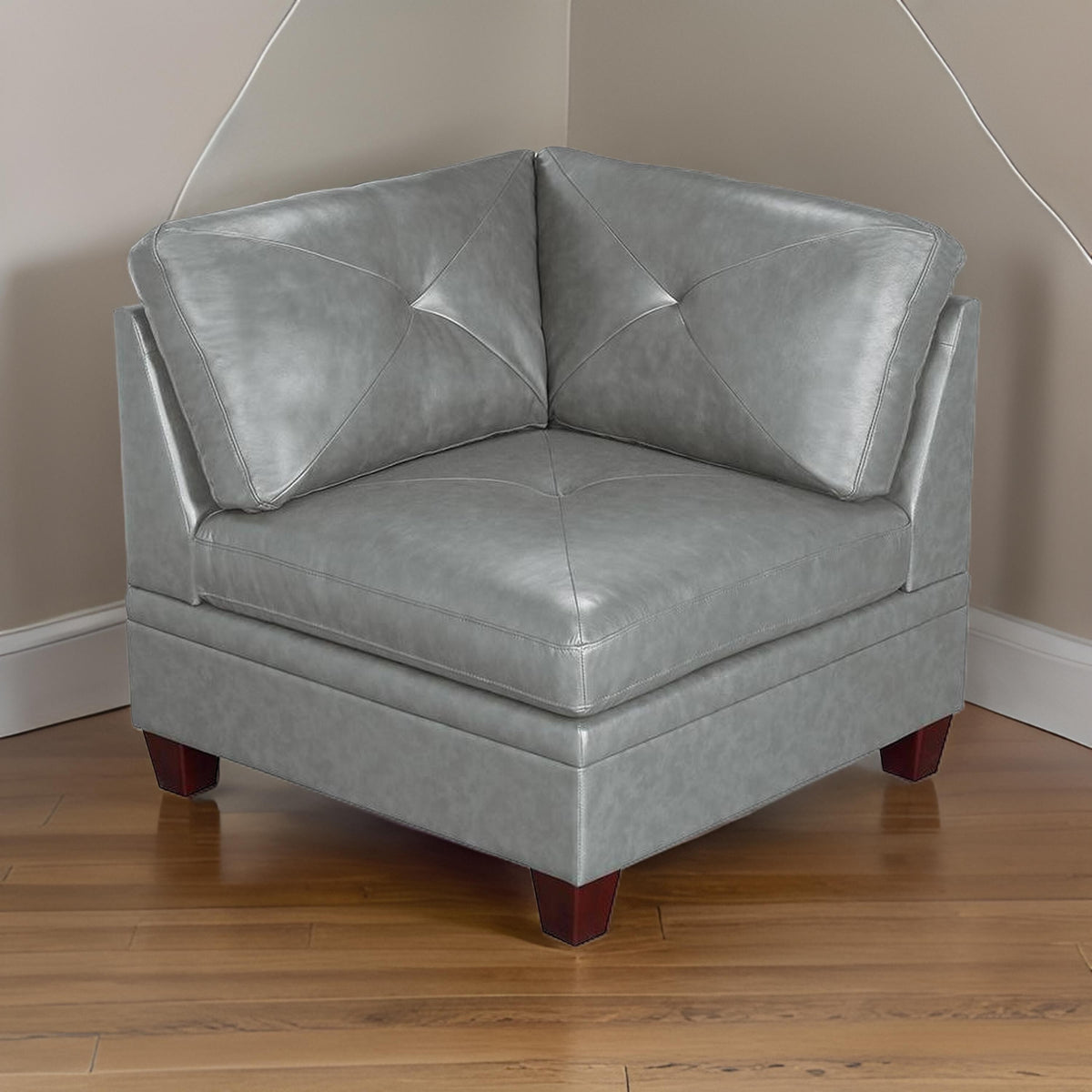 Samy 37 Inch Modular Corner Sofa Chair, Padded Gray Faux Leather, Wood