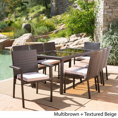 San Pico Outdoor 9-piece Rectangular Wicker Tempered Glass Dining Set with Cushions by Christopher Knight Home