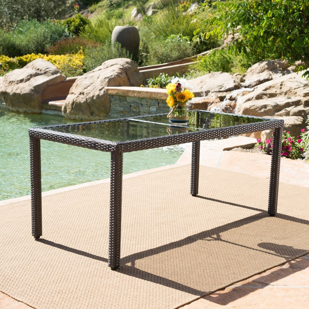 San Pico Outdoor Rectangle Wicker Tempered Glass Dining Table by Christopher Knight Home - 64.2"W x 33.85"D x 29.52"H