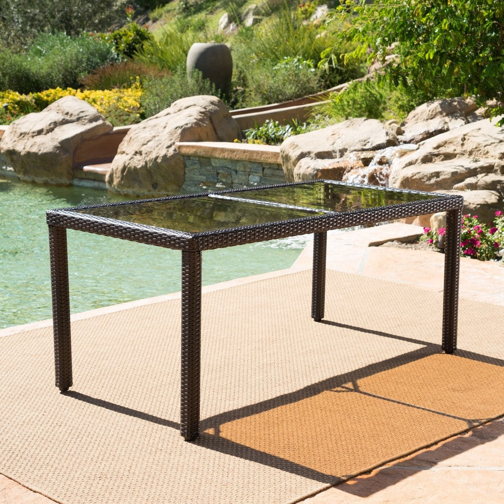 San Pico Outdoor Rectangle Wicker Tempered Glass Dining Table by Christopher Knight Home - 64.2"W x 33.85"D x 29.52"H