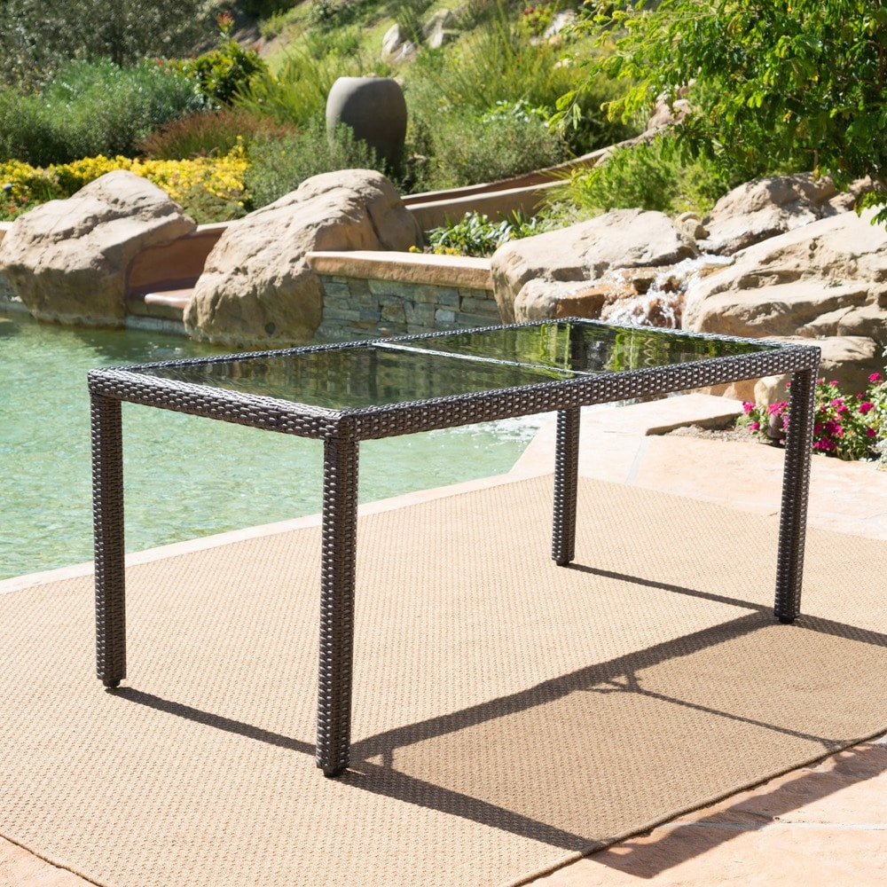 San Pico Outdoor Rectangle Wicker Tempered Glass Dining Table by Christopher Knight Home - 64.2"W x 33.85"D x 29.52"H