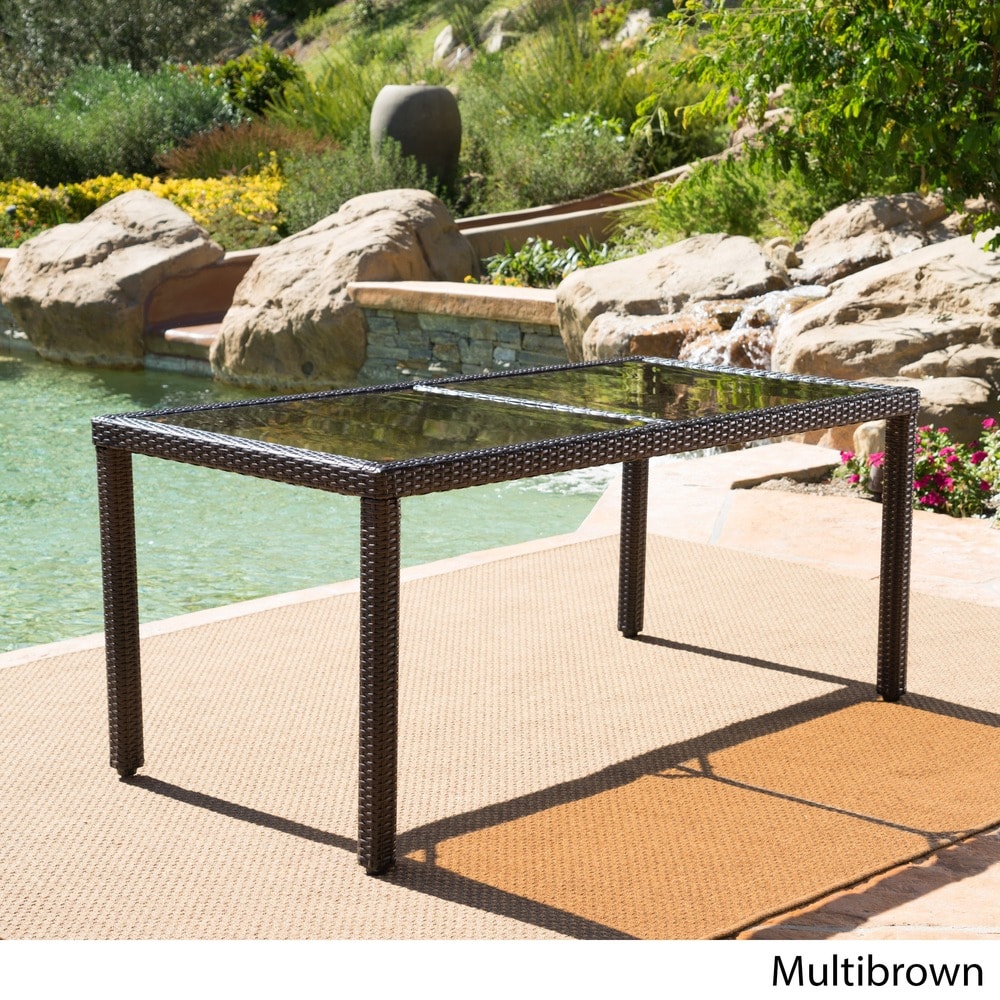 San Pico Outdoor Rectangle Wicker Tempered Glass Dining Table by Christopher Knight Home - 64.2"W x 33.85"D x 29.52"H