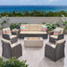 Sanger Outdoor 7 Seater Wicker Chat Set with Light Weight Concrete Fire Pit by Christopher Knight Home
