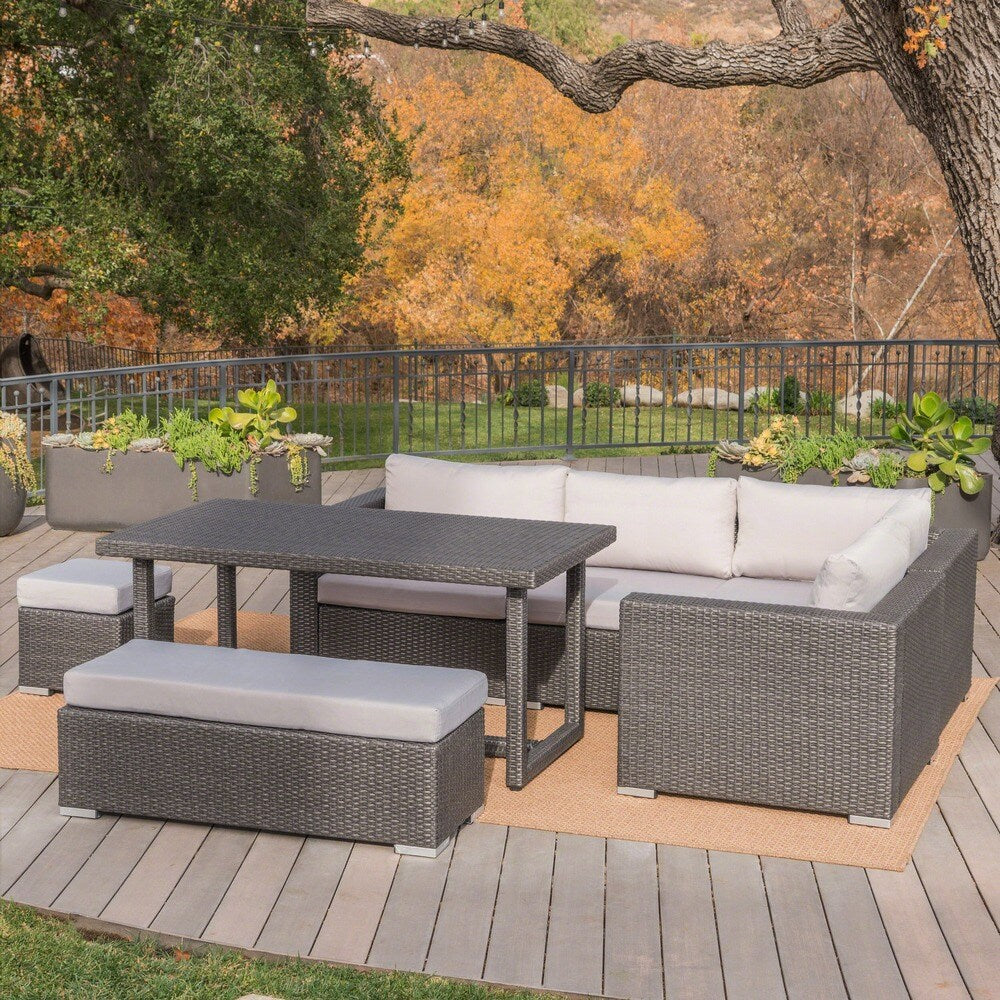 Santa Rosa Outdoor 7-Piece Rectangle Aluminum Wicker Dining Sofa Set with Cushions by Christopher Knight Home