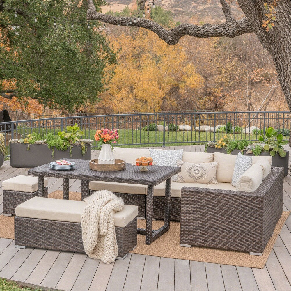 Santa Rosa Outdoor 7-Piece Rectangle Aluminum Wicker Dining Sofa Set with Cushions by Christopher Knight Home