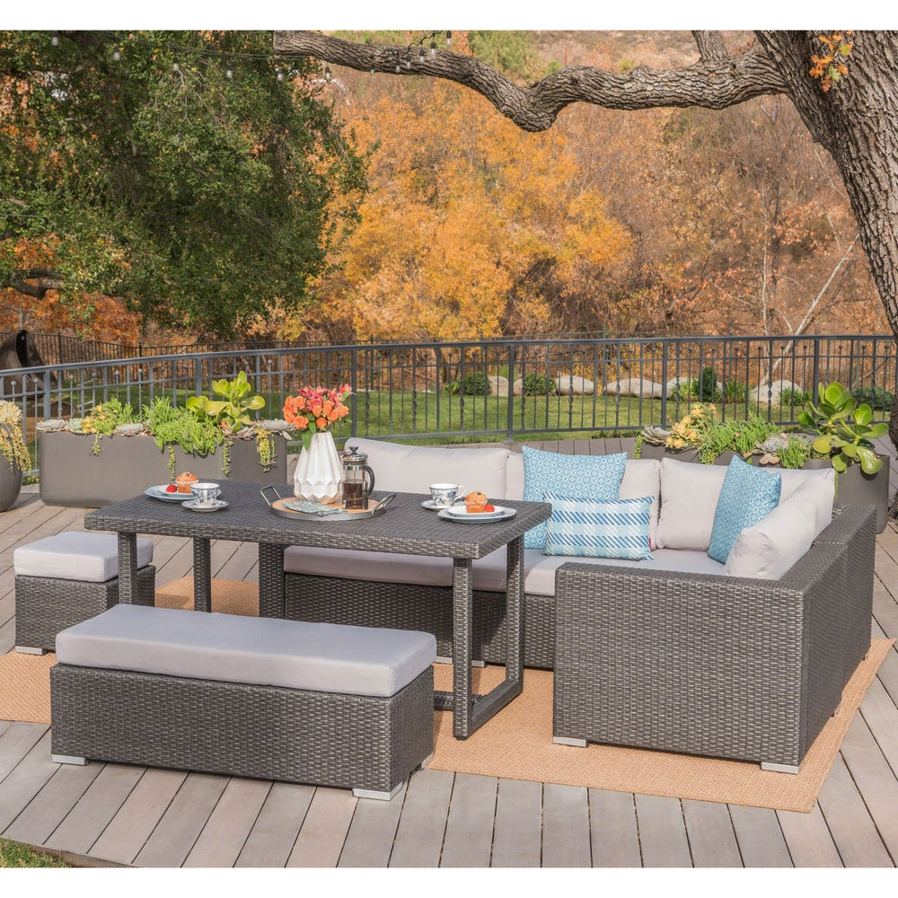 Santa Rosa Outdoor 7-Piece Rectangle Aluminum Wicker Dining Sofa Set with Cushions by Christopher Knight Home