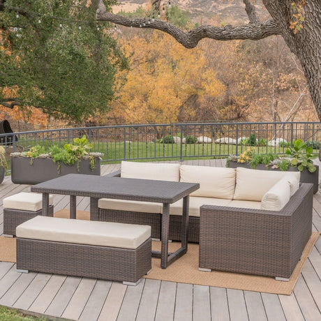 Santa Rosa Outdoor 7-Piece Rectangle Aluminum Wicker Dining Sofa Set with Cushions by Christopher Knight Home