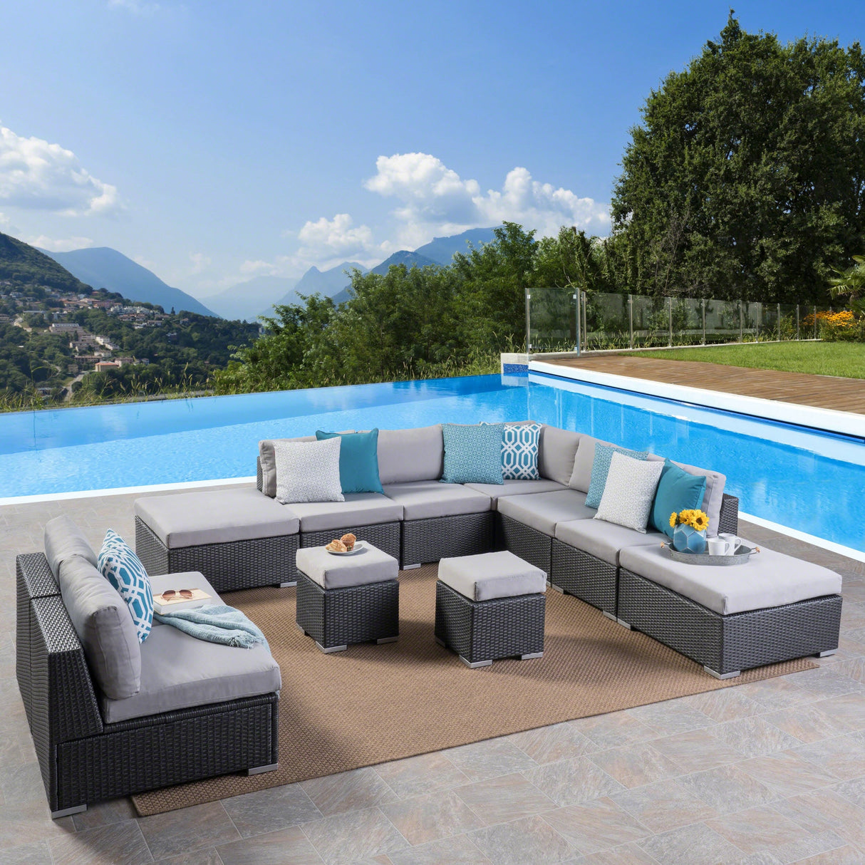 Santa Rosa Outdoor 7 Seater Wicker Sofa Sectional Set with Aluminum Frame and Cushions by Christopher Knight Home