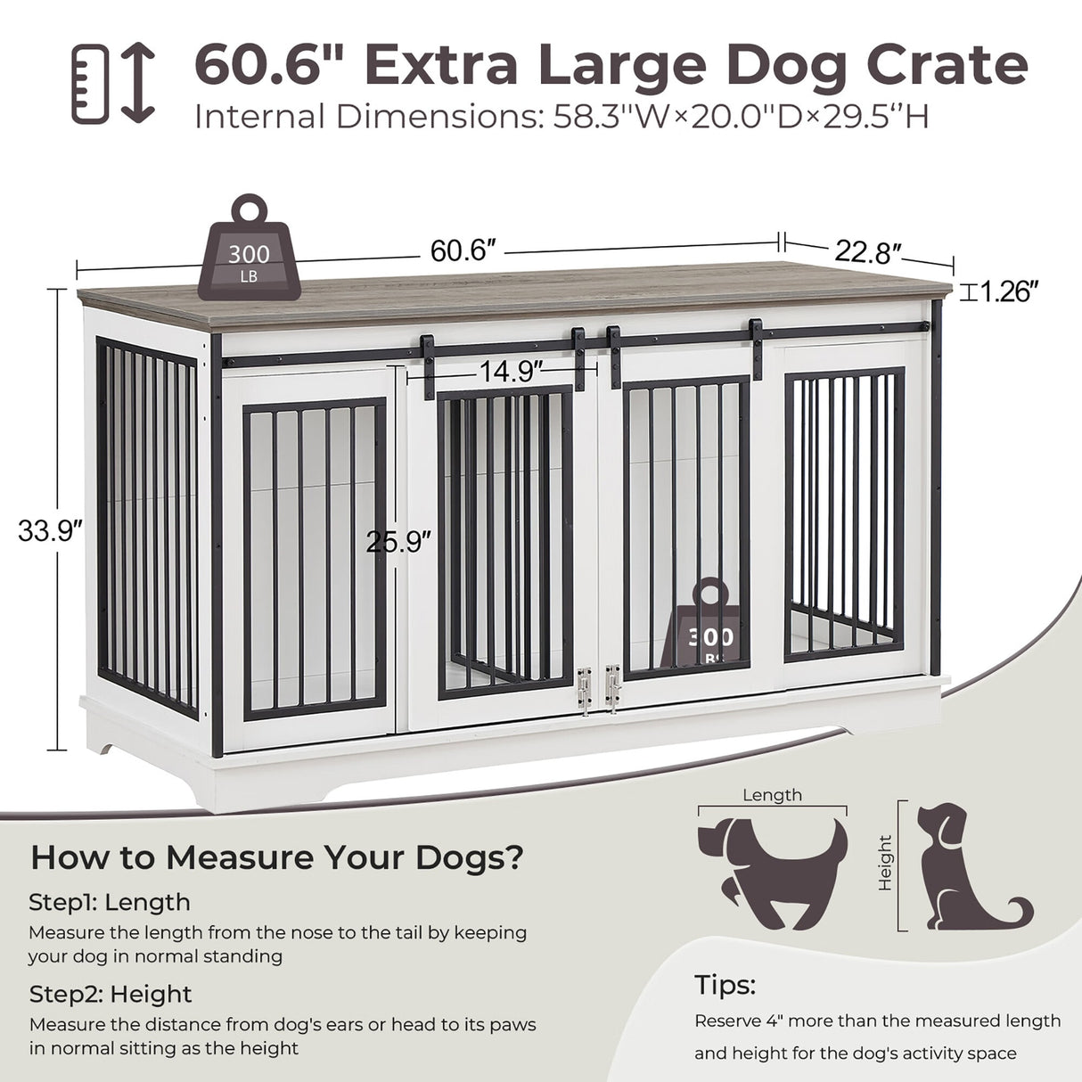 Sapphome Dog Crate Furniture Large Breed TV Stand with 2 Sliding Doors,Grey