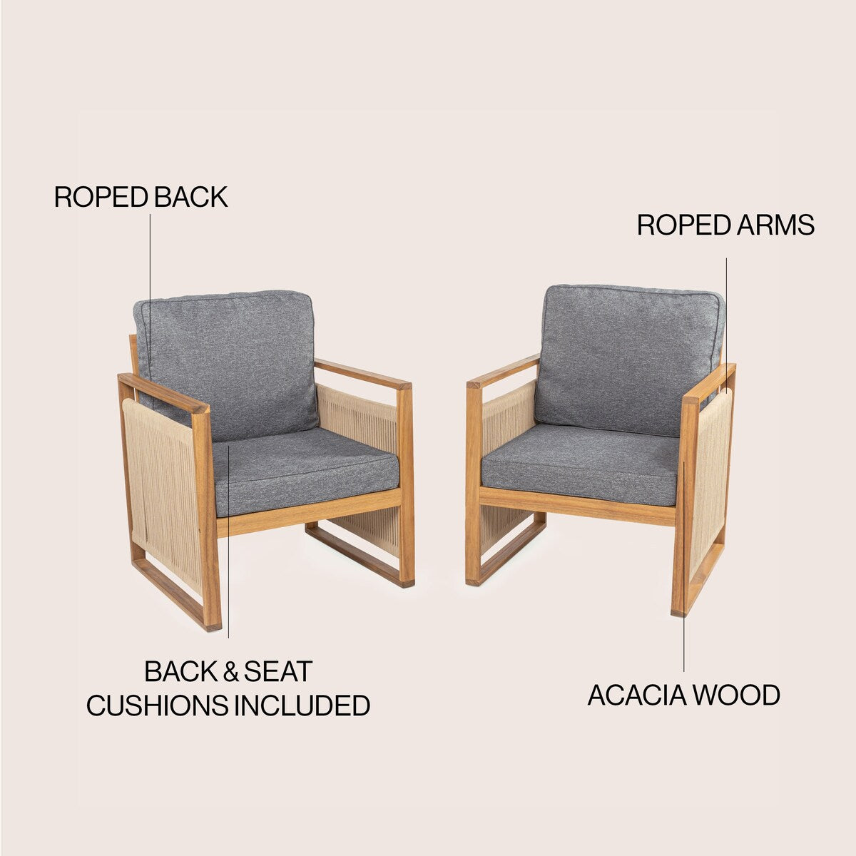 Saranac Mid-Century Modern Roped Acacia Wood Outdoor Patio Chair with Cushions, (Set of 2) by JONATHAN Y