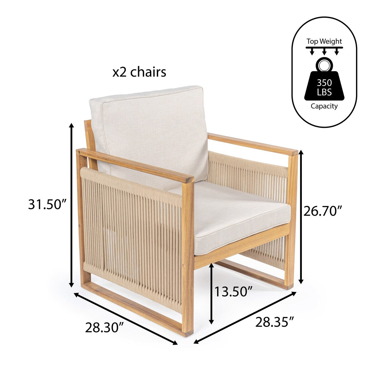 Saranac Mid-Century Modern Roped Acacia Wood Outdoor Patio Chair with Cushions, (Set of 2) by JONATHAN Y