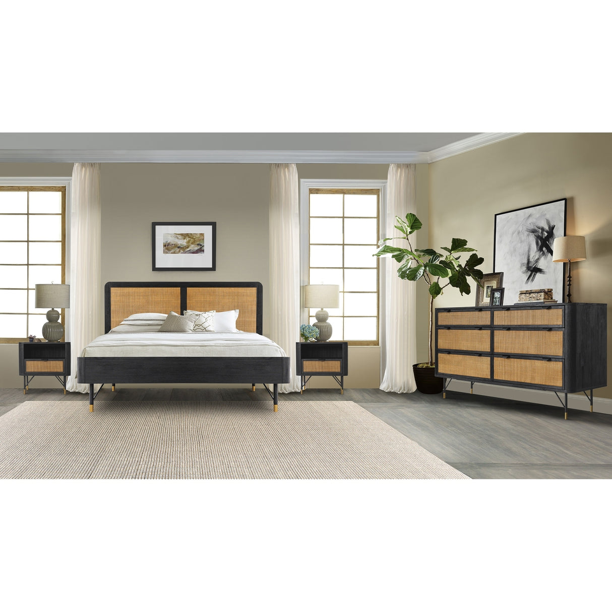 Saratoga Platform Frame Bed in Black Acacia with Rattan Headboard
