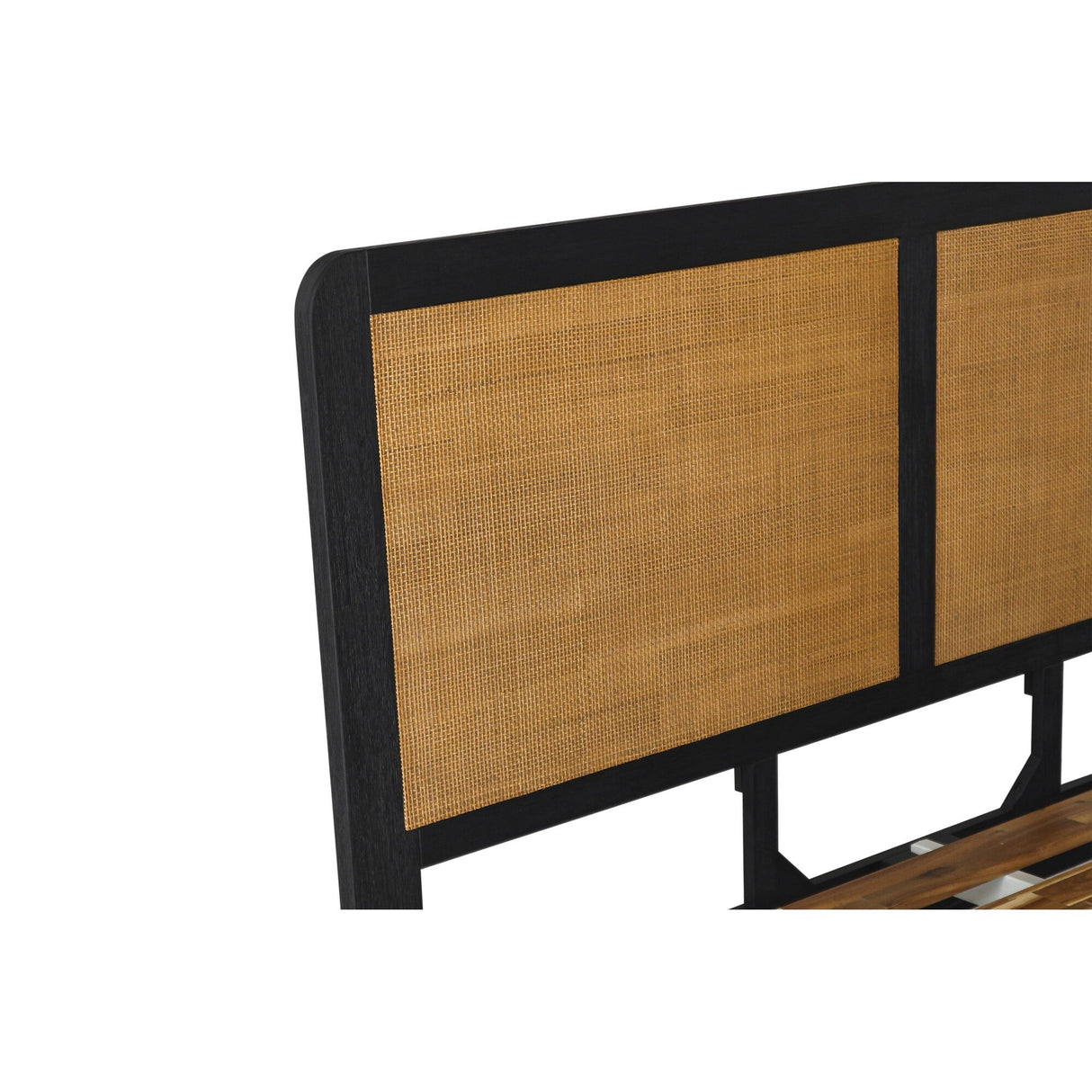 Saratoga Platform Frame Bed in Black Acacia with Rattan Headboard