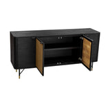 Saratoga 67" Black Solid Acacia Wood and Rattan 4 Door Sideboard Buffet Cabinet