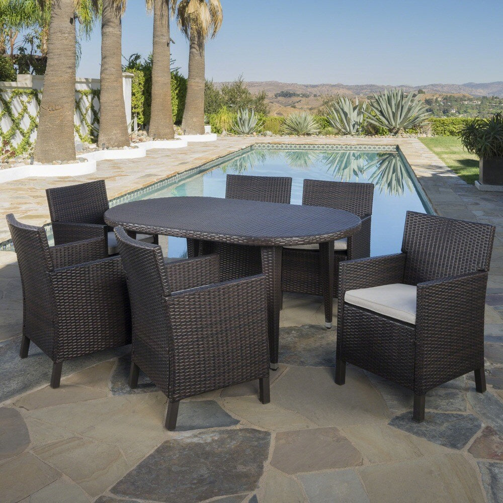 Sardinia Outdoor 7-piece Oval Wicker Dining Set with Cushions by Christopher Knight Home
