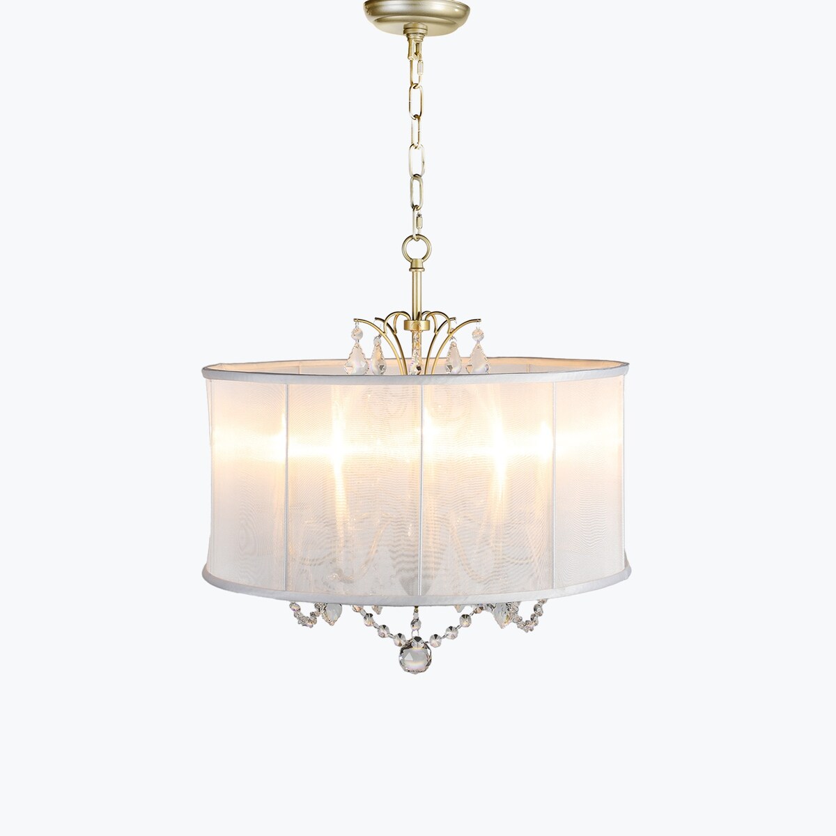 Satin Gold Crystal Chandelier 5 Light 20" White Drum Shade Pendant - 20" Wide