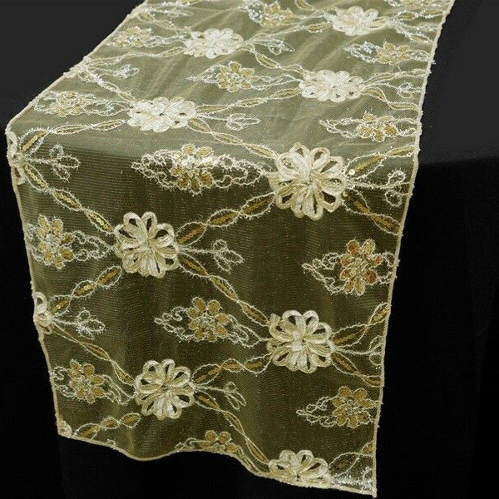 Satin Lace Netting Flowers Table Runner Champagne 14" x 108" - 14" x 108"