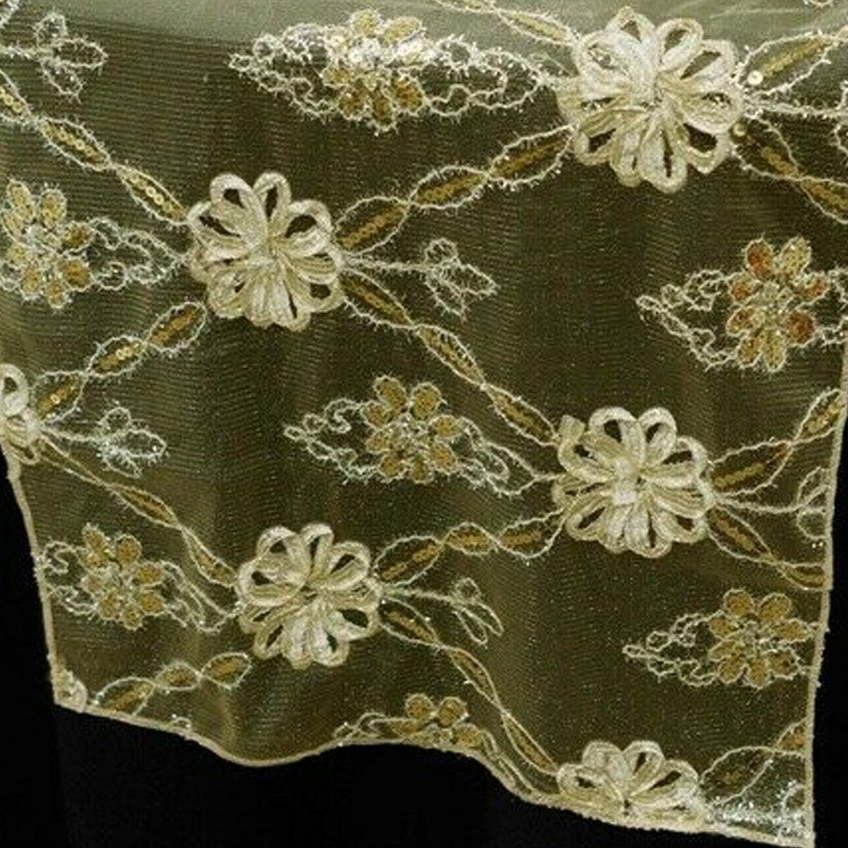 Satin Lace Netting Flowers Table Runner Champagne 14" x 108" - 14" x 108"