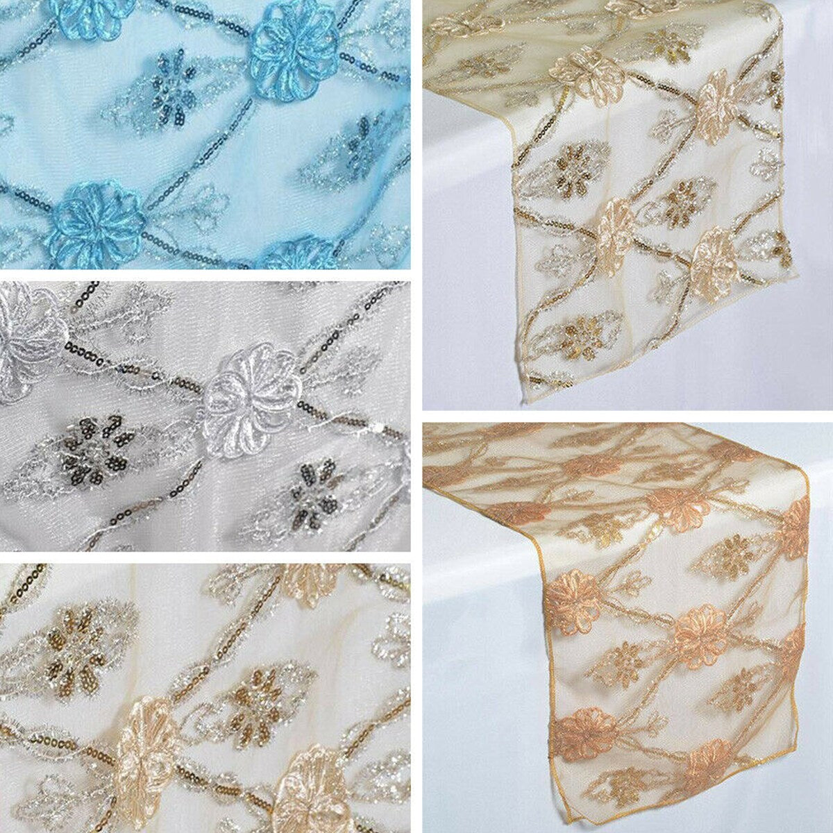 Satin Lace Netting Flowers Table Runner Champagne 14" x 108" - 14" x 108"