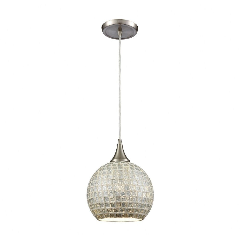 Satin Nickel 1-Light Mini Pendant With Silver Glass Squares On Glass