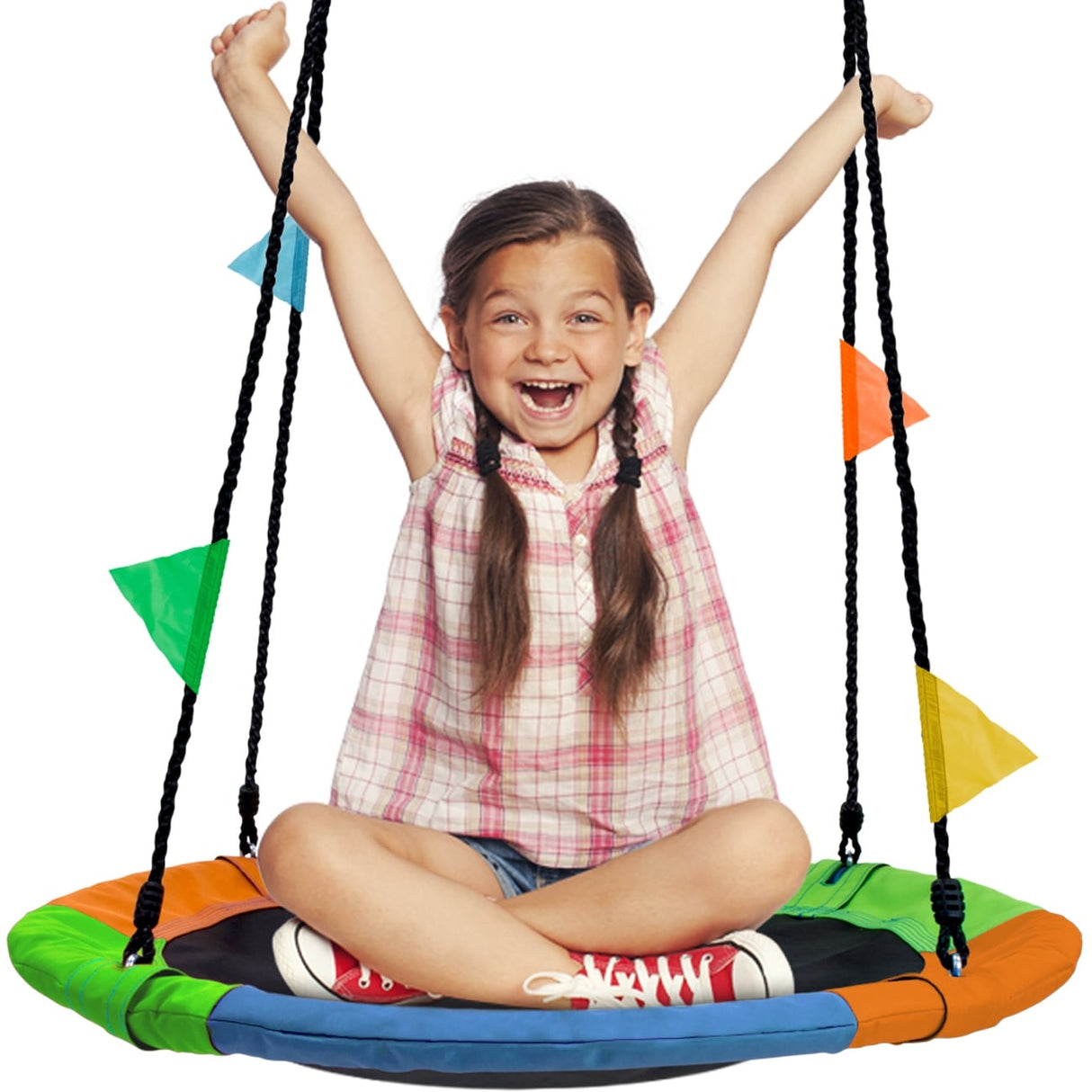 Saucer Tree Swing in Multi-Color Rainbow – Kids Indoor/Outdoor Round Mat Swing – Accessories Included (Round – 24”)