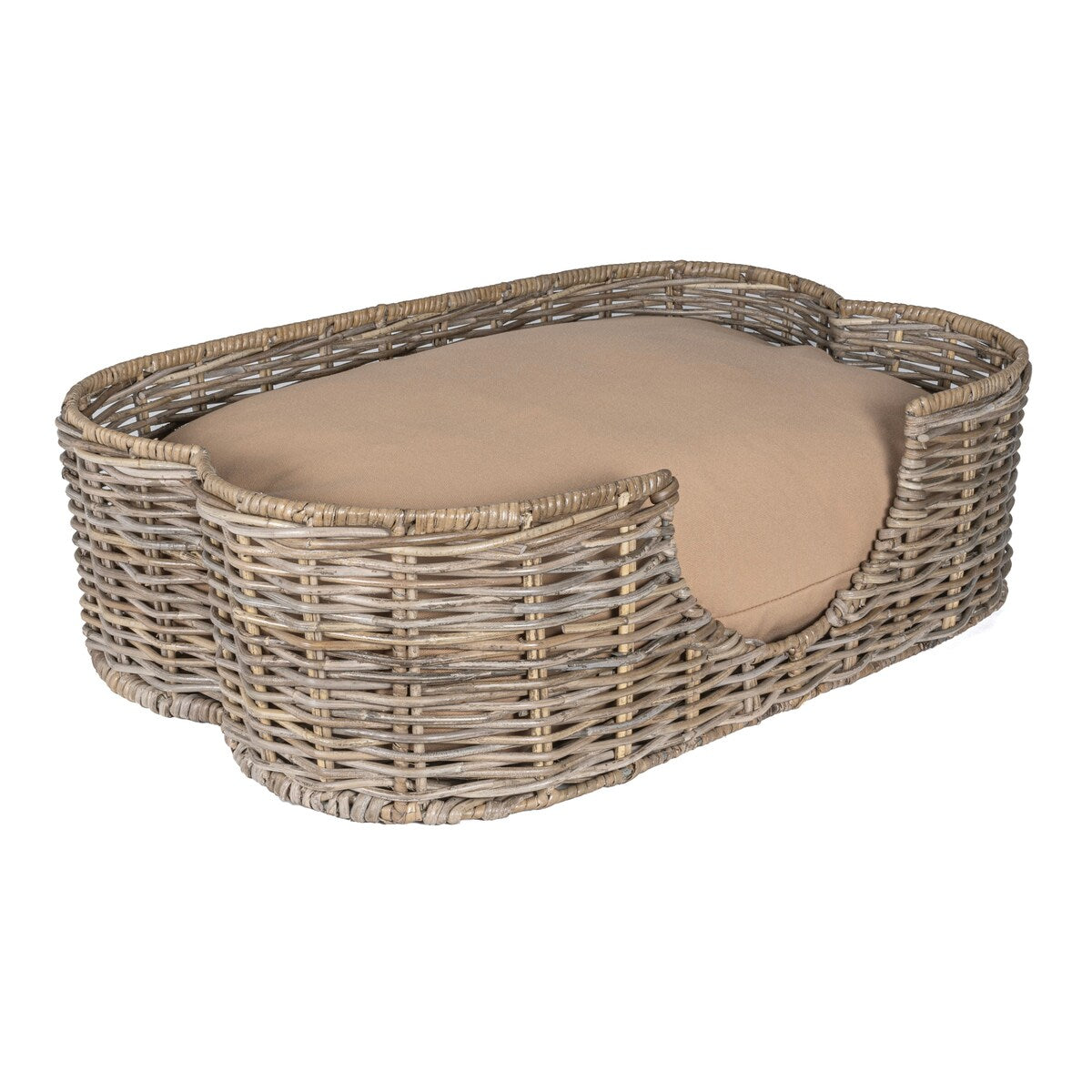 Scallop Tropical Handwoven Rattan Dog Bed with Machine Washable Cushion, Kubu Gray