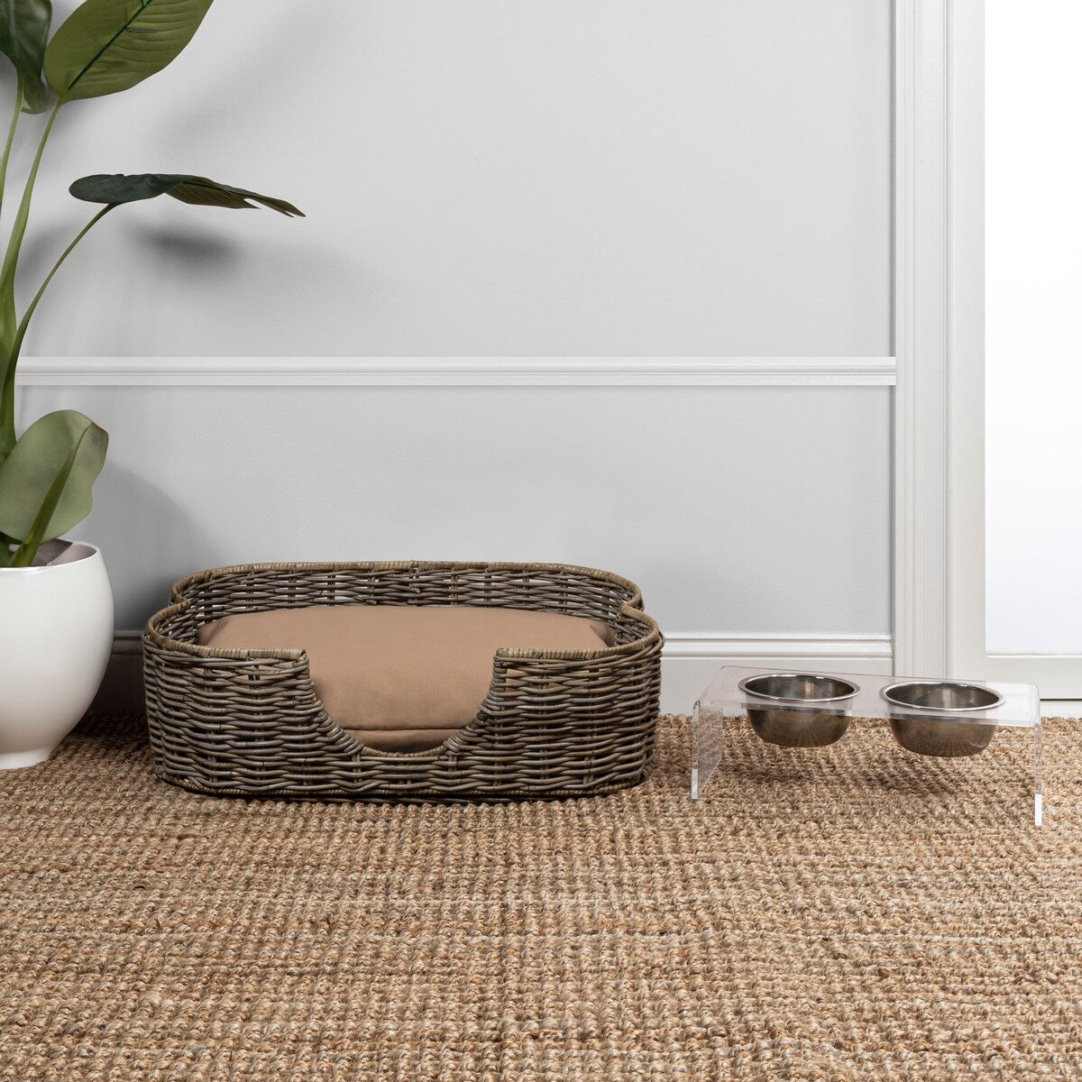Scallop Tropical Handwoven Rattan Dog Bed with Machine Washable Cushion, Kubu Gray
