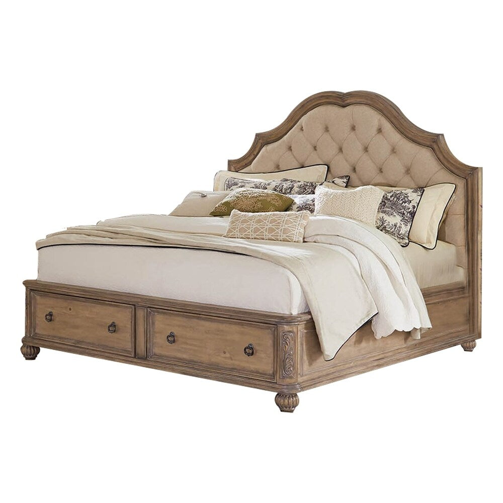Scalloped Wooden Queen Size Bed with 2 Drawers, Brown and Beige