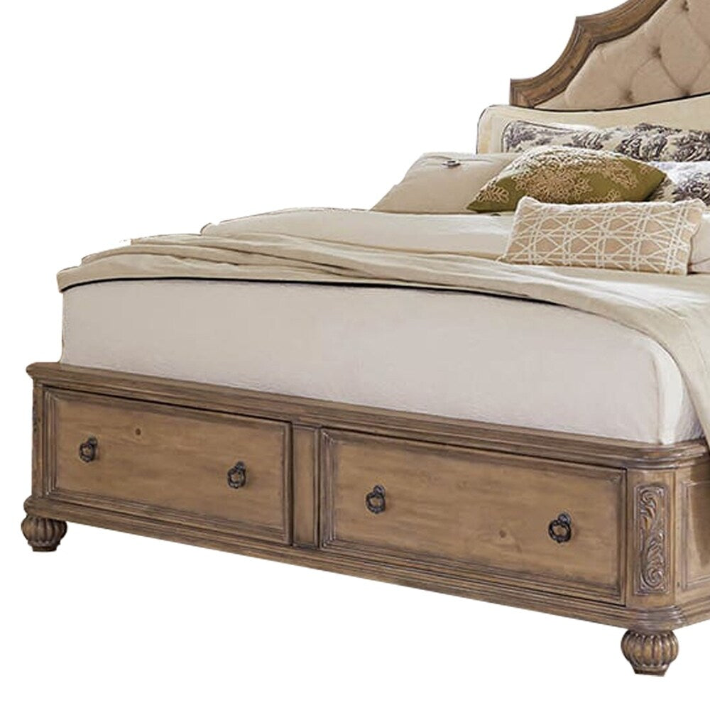 Scalloped Wooden Queen Size Bed with 2 Drawers, Brown and Beige