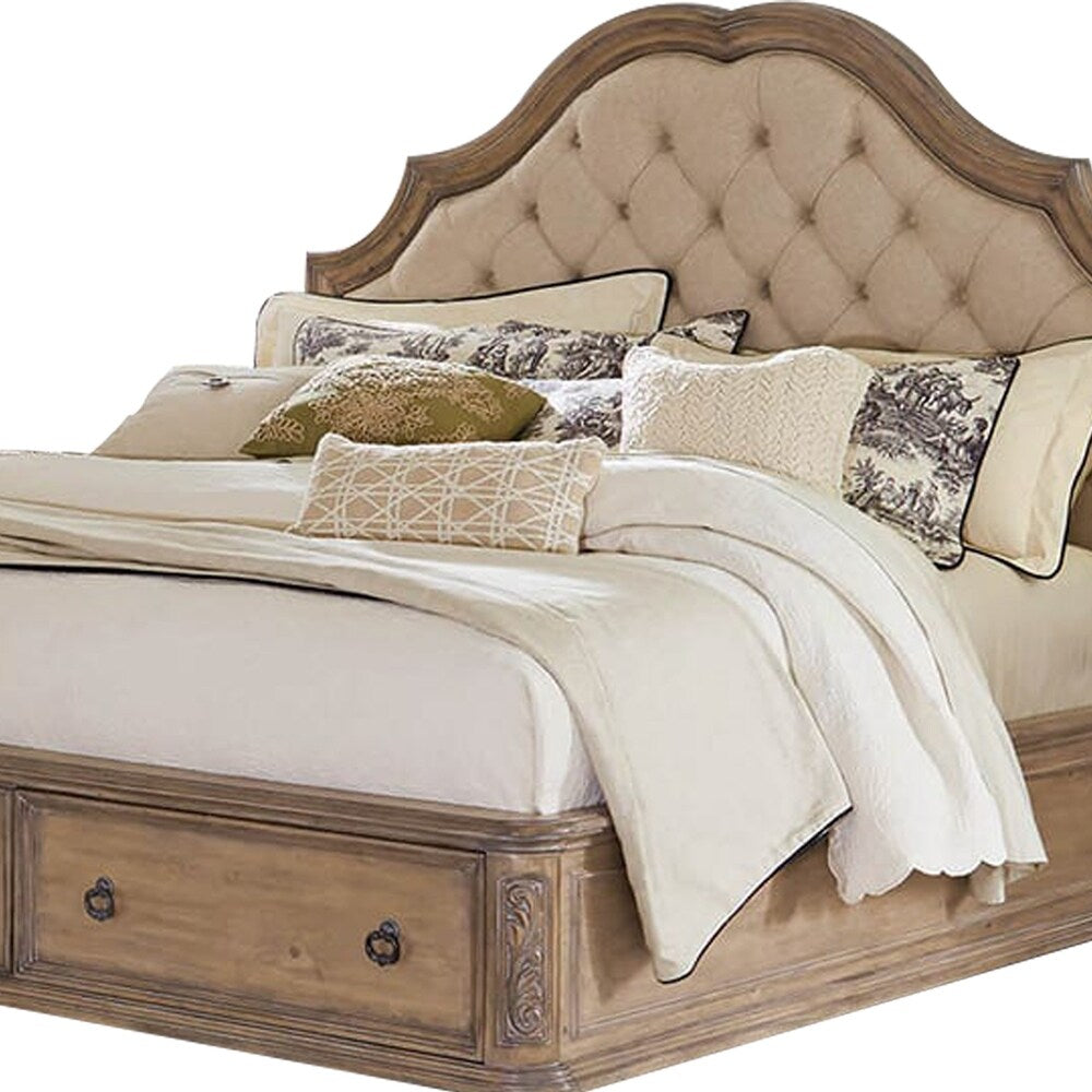 Scalloped Wooden Queen Size Bed with 2 Drawers, Brown and Beige