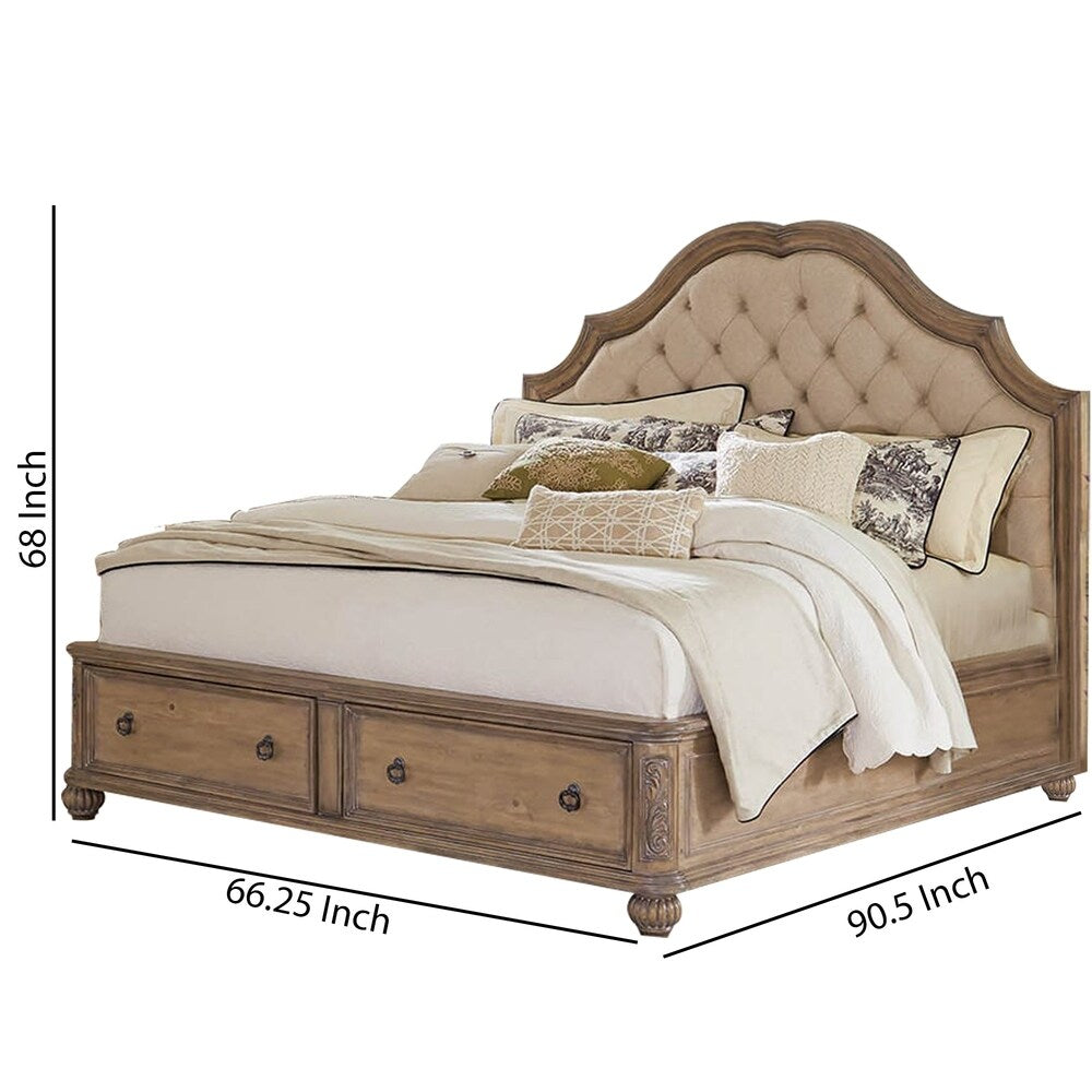 Scalloped Wooden Queen Size Bed with 2 Drawers, Brown and Beige