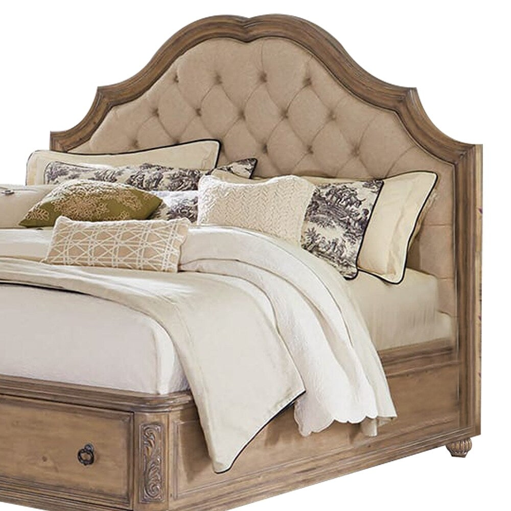 Scalloped Wooden Queen Size Bed with 2 Drawers, Brown and Beige