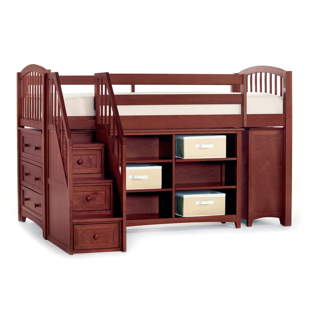 NE Kids School House Junior Loft Cherry with Rails, Stairs, Horizontal Bookcase and Double 3-Drawer Chests