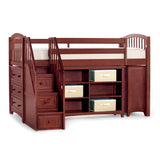 NE Kids School House Junior Loft Cherry with Rails, Stairs, Horizontal Bookcase and Double 3-Drawer Chests