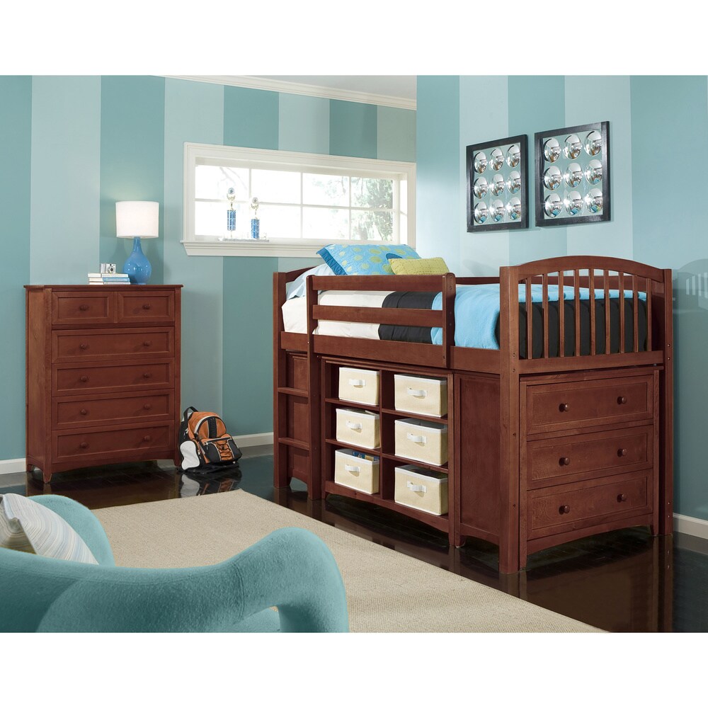 NE Kids School House Junior Loft Cherry with Rails, Stairs, Horizontal Bookcase and Double 3-Drawer Chests