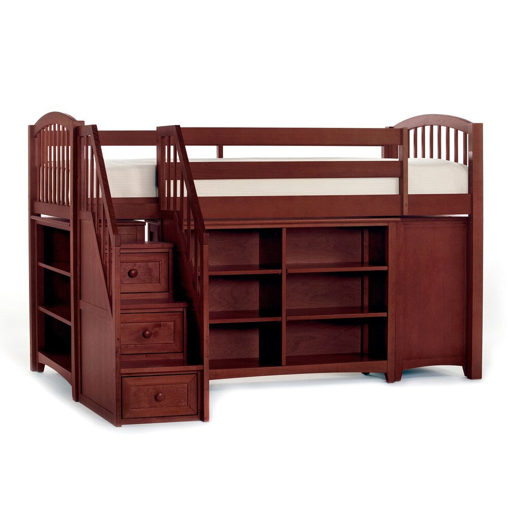 NE Kids School House Junior Loft Cherry with Rails, Stairs, Horizontal Bookcase and Double 3-Drawer Chests