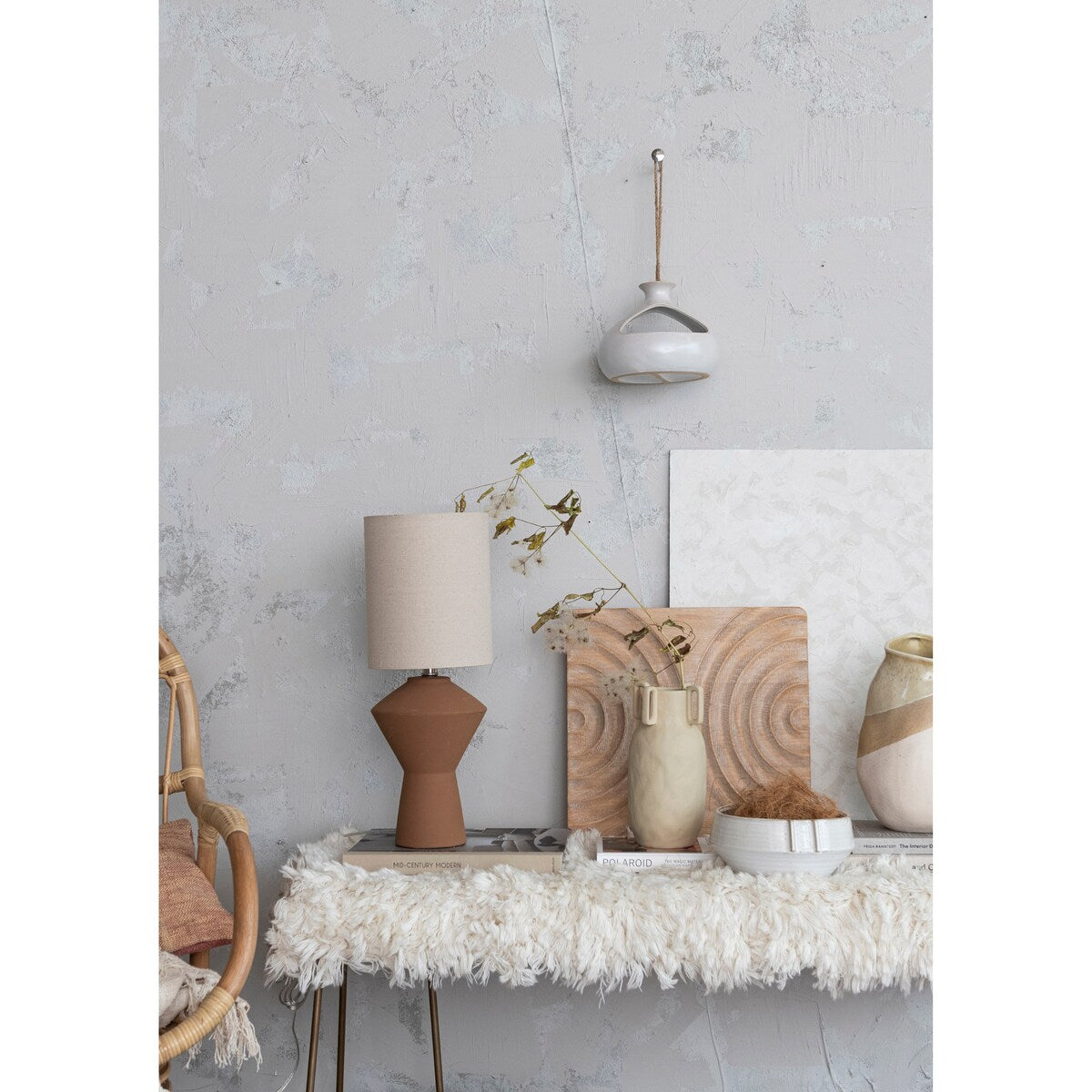 Sculptural Terracotta Table Lamp with Linen Shade - 4.8"L x 4.8"W x 20.3"H