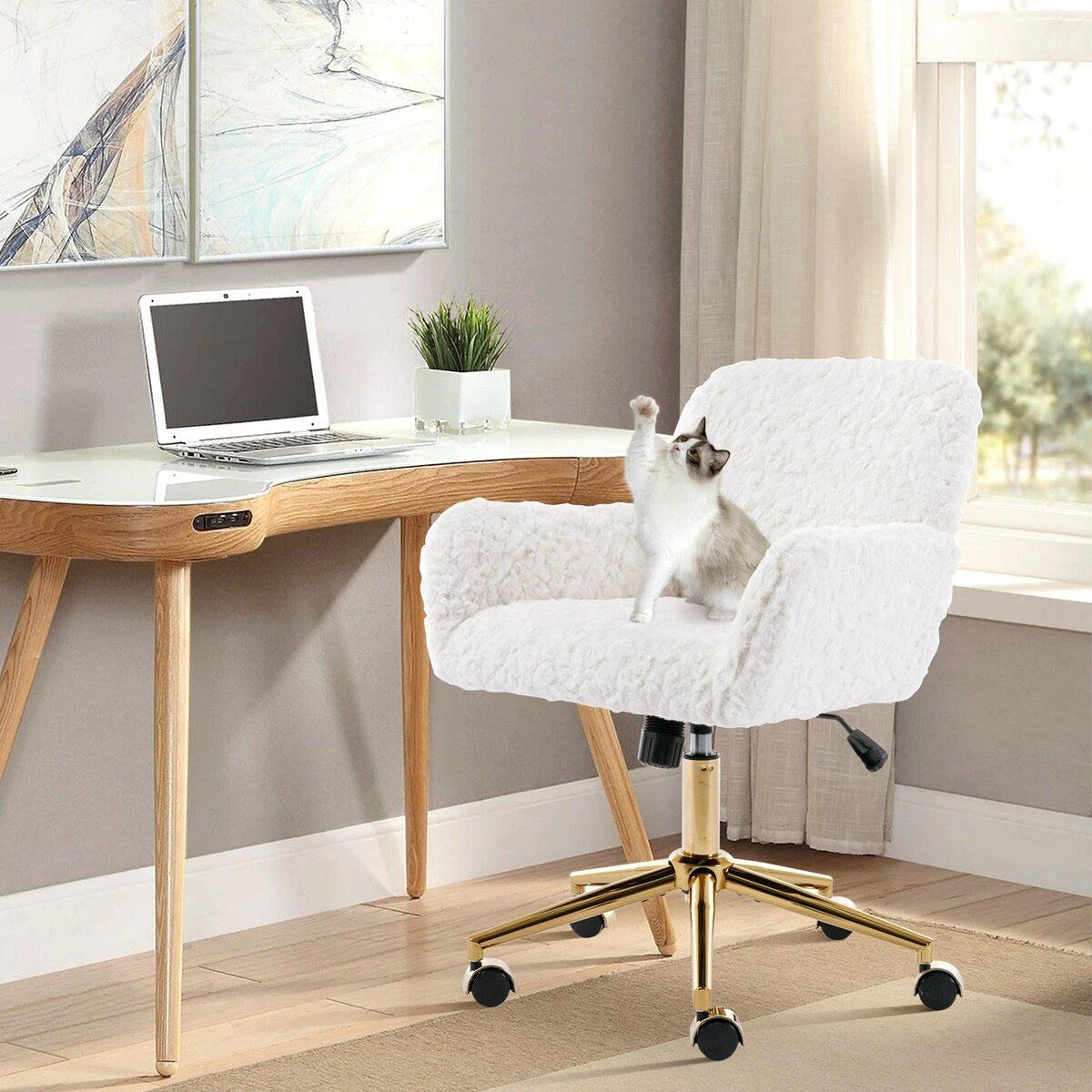Upholstered Office Chair with Adjustable 360 Swivel Golden Base