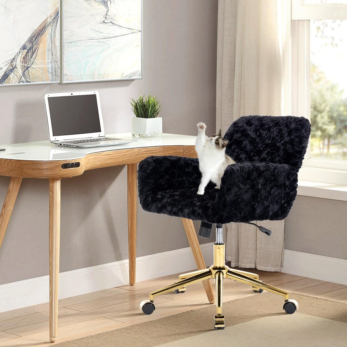 Upholstered Office Chair with Adjustable 360 Swivel Golden Base