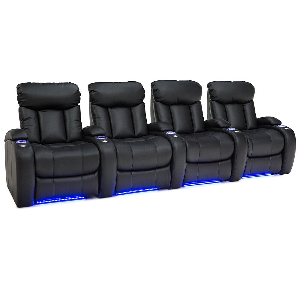 Seatcraft Orleans Leather Gel Home Theater Seating Power Recline with Cup Holders Black Row of 4