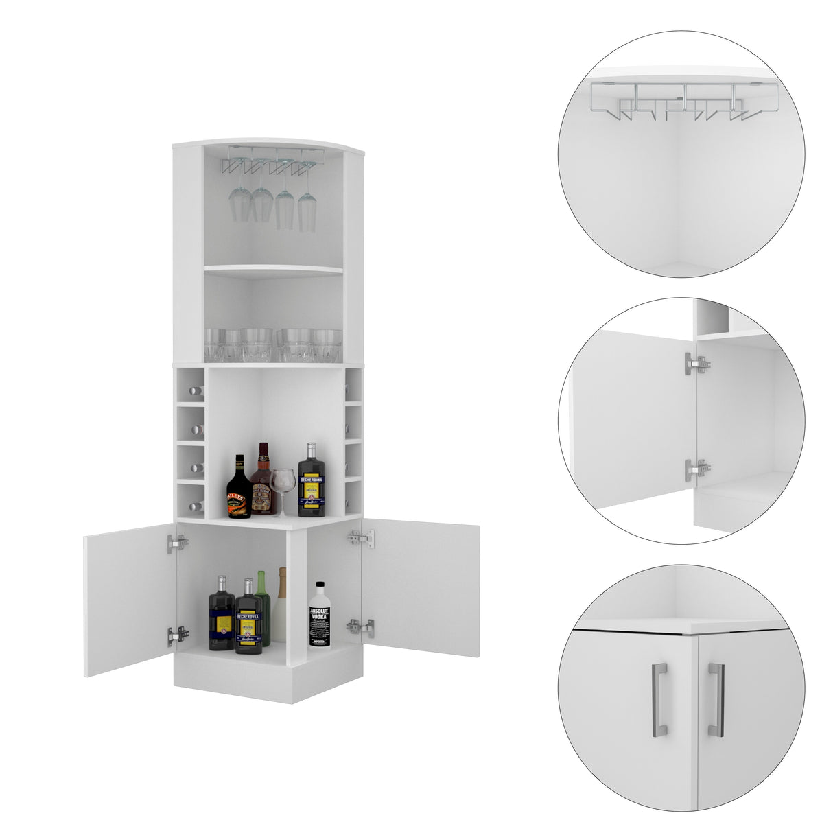 FM Furniture The Seattle Corner Bar Cabinet with 3 Open Shelves, Glass Rack, 8 Bottle Cubbies, and Double Doors