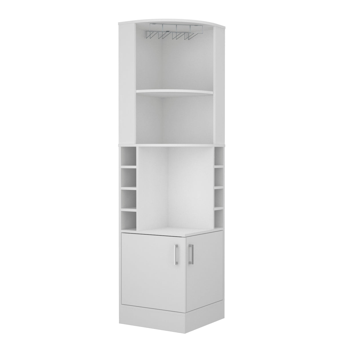 FM Furniture The Seattle Corner Bar Cabinet with 3 Open Shelves, Glass Rack, 8 Bottle Cubbies, and Double Doors