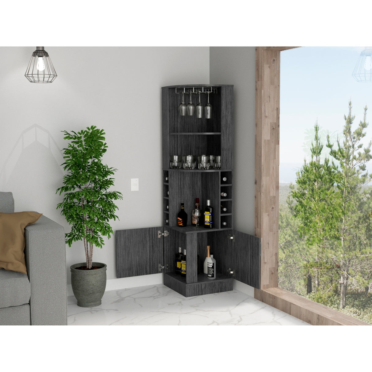 FM Furniture The Seattle Corner Bar Cabinet with 3 Open Shelves, Glass Rack, 8 Bottle Cubbies, and Double Doors