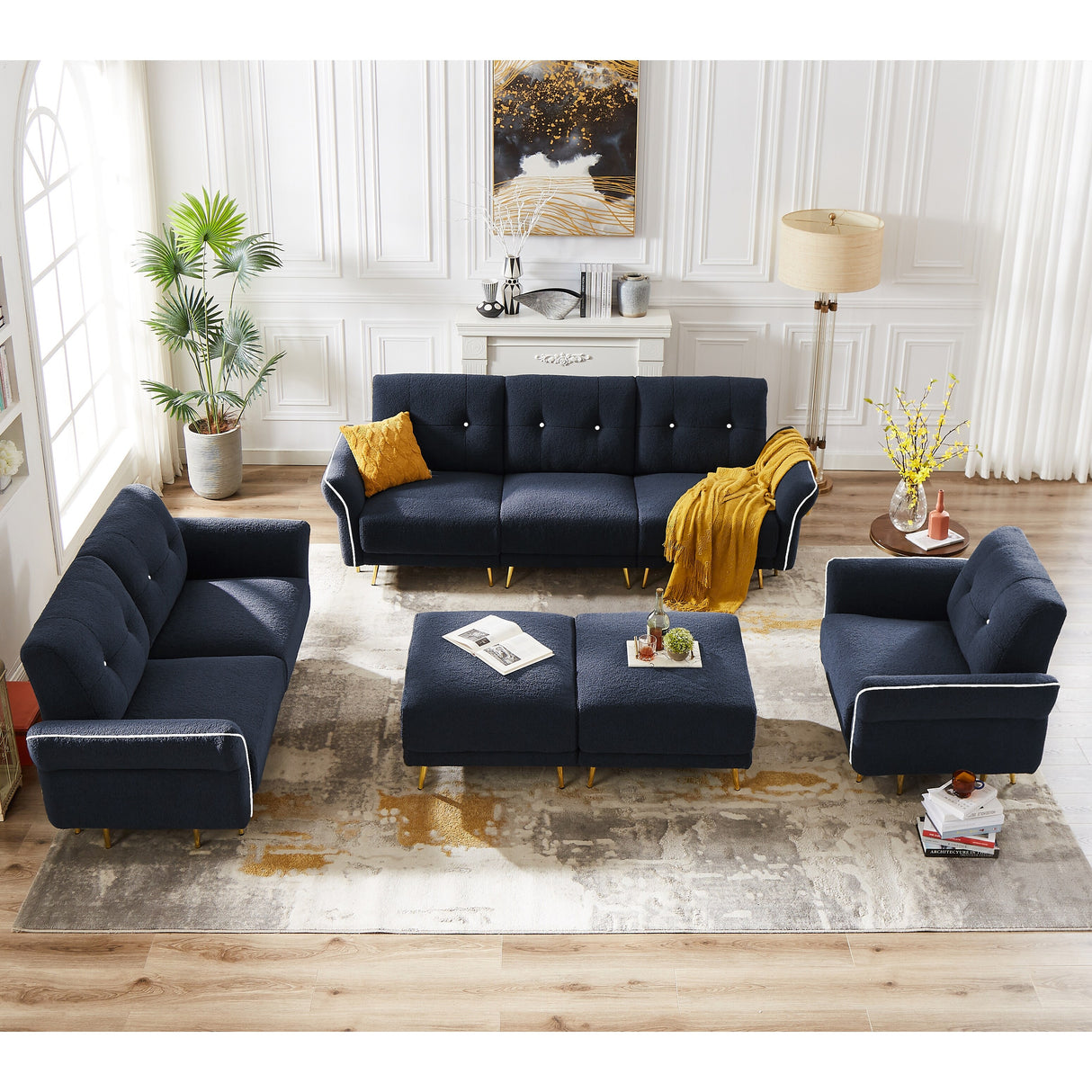 Sectional Sofa Sherpa Fabric Modular Sofa Couch 4 Seater with Ottoman