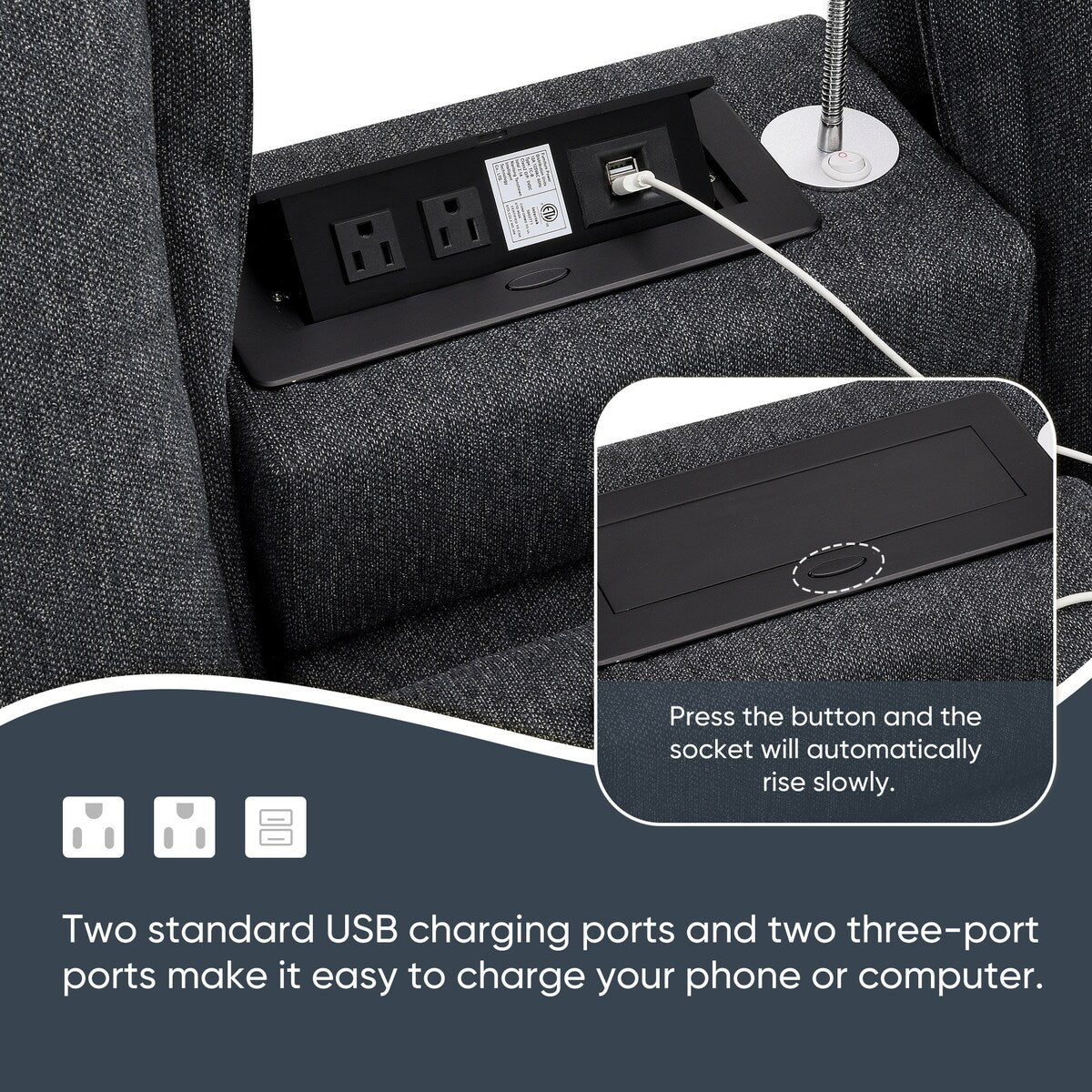 Sectional Chenille Modular Cloud Sofa with Console USB Charging Port Reading Light Cup Holder, Grey
